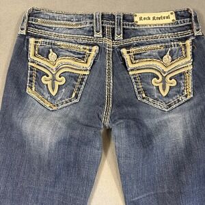 Rock Revival KAI Jeans Womens 28/29 Easy BOOT Distress Embellished THICK STITCH